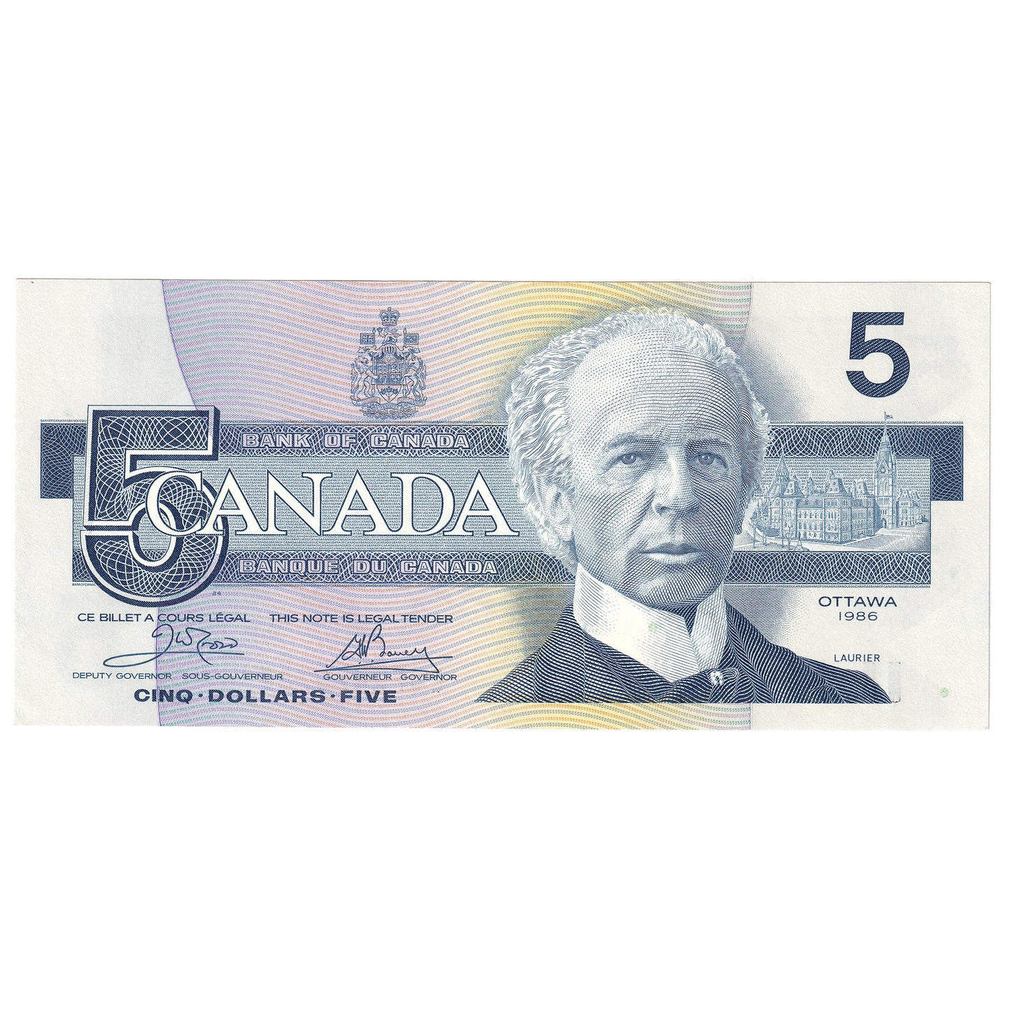 BC-56a-i 1986 Canada $5 Crow-Bouey, EOP, AU-UNC (AU55)