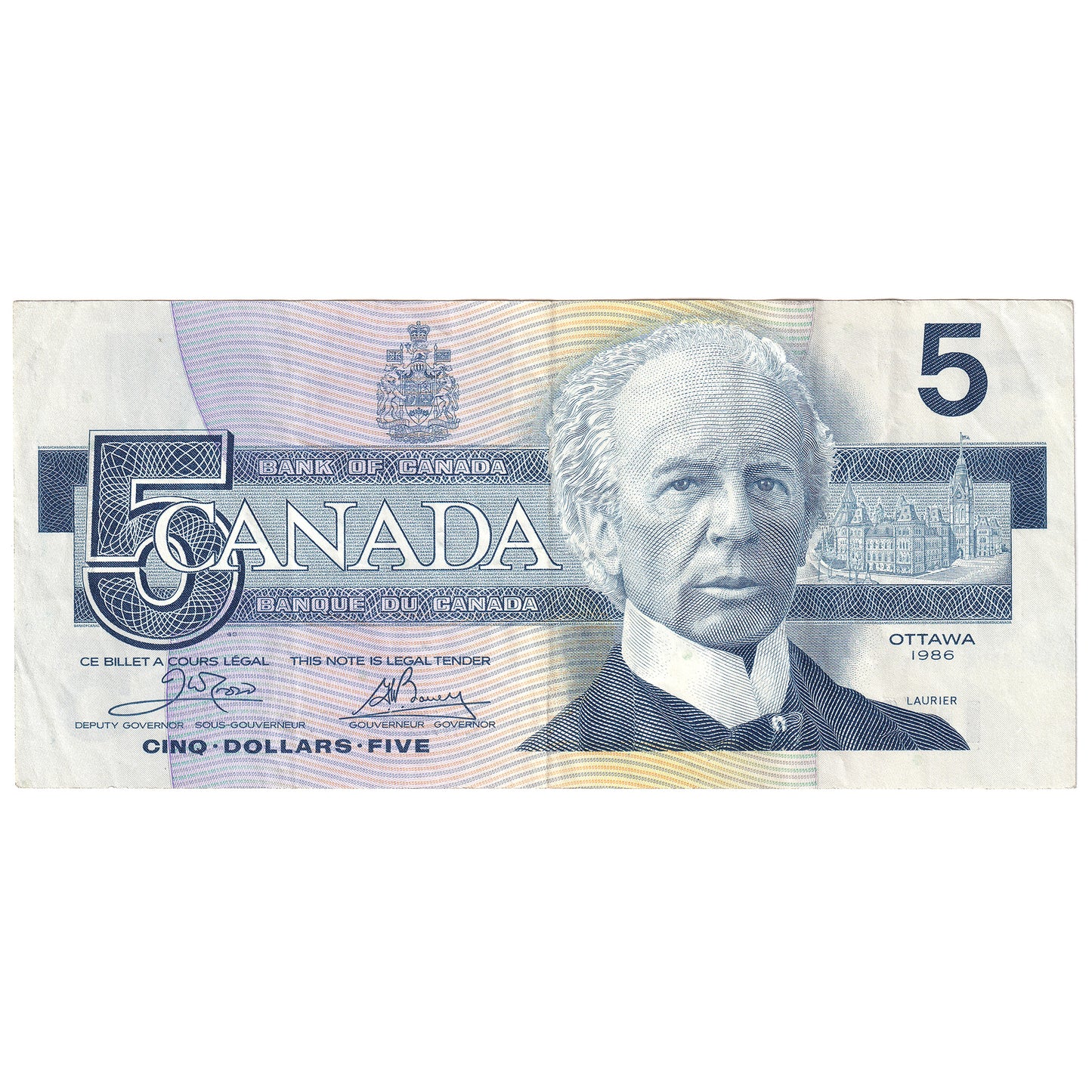 BC-56aA-i 1986 Canada $5 Crow-Bouey, ENX, Blue Back Position Number, VF-EF (VF30)