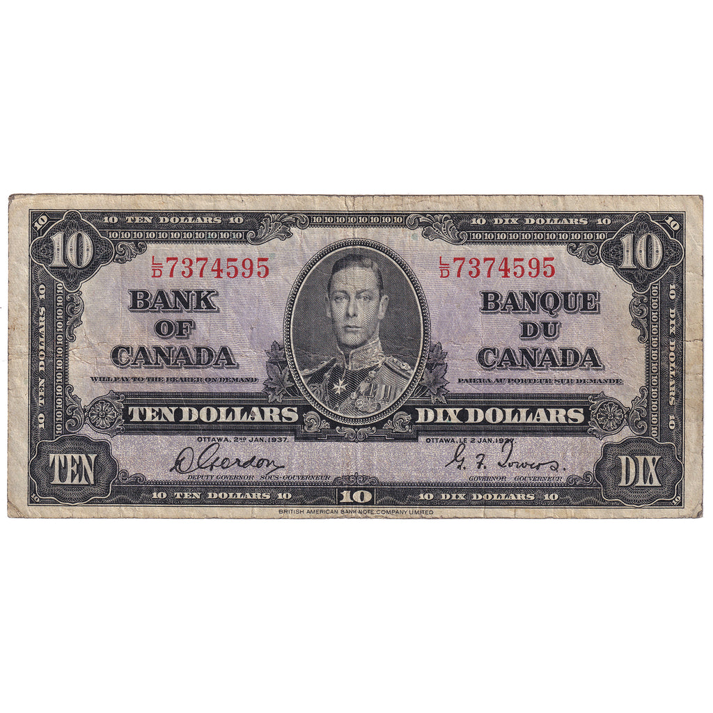 BC-24b 1937 Canada $10 Gordon-Towers, L/D, VG-F