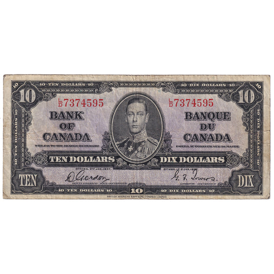 BC-24b 1937 Canada $10 Gordon-Towers, L/D, VG-F