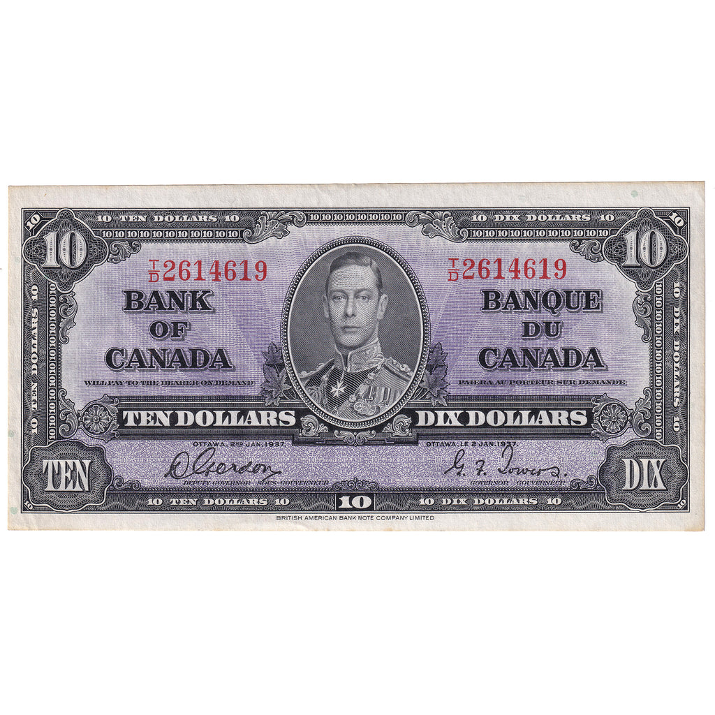 BC-24b 1937 Canada $10 Gordon-Towers, T/D, Almost Uncirculated (AU50)