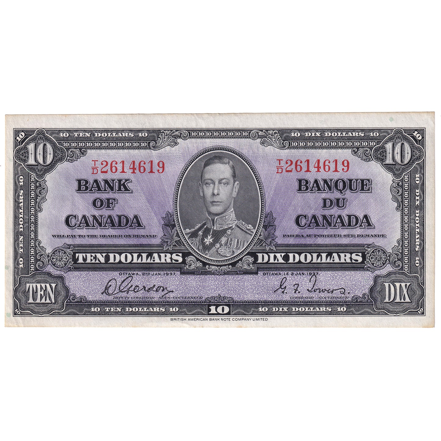 BC-24b 1937 Canada $10 Gordon-Towers, T/D, Almost Uncirculated (AU50)