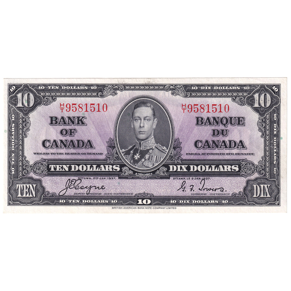 BC-24c 1937 Canada $10 Coyne-Towers, H/T, AU-UNC