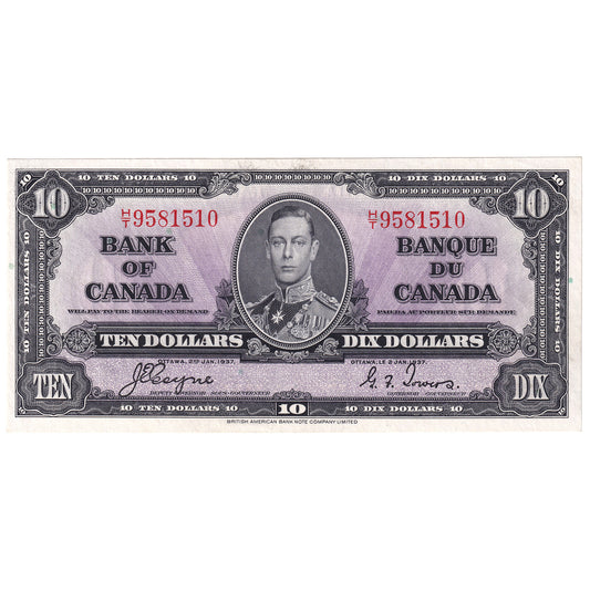 BC-24c 1937 Canada $10 Coyne-Towers, H/T, AU-UNC