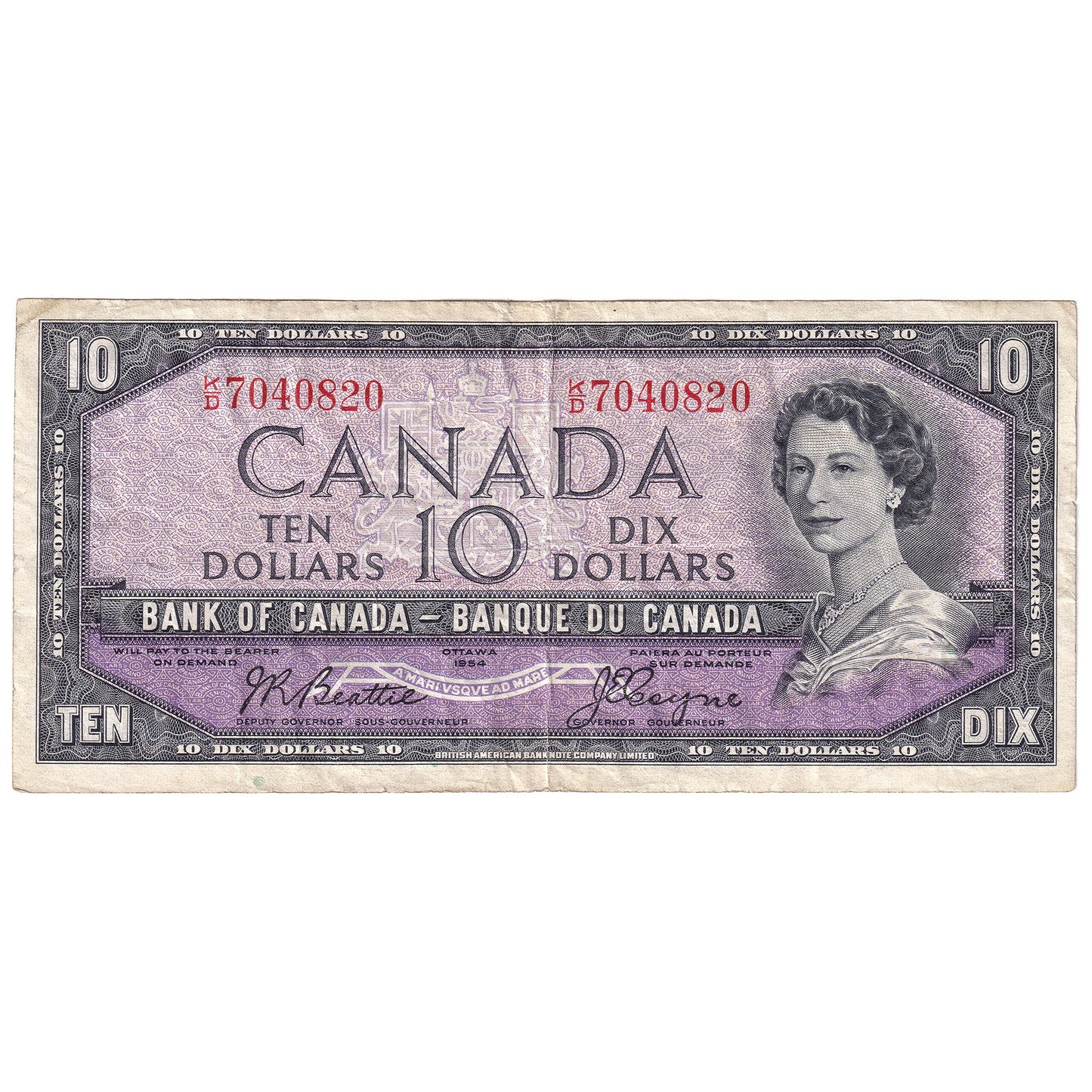 BC-40a 1954 Canada $10 Beattie-Coyne, K/D, Very Fine (VF20)