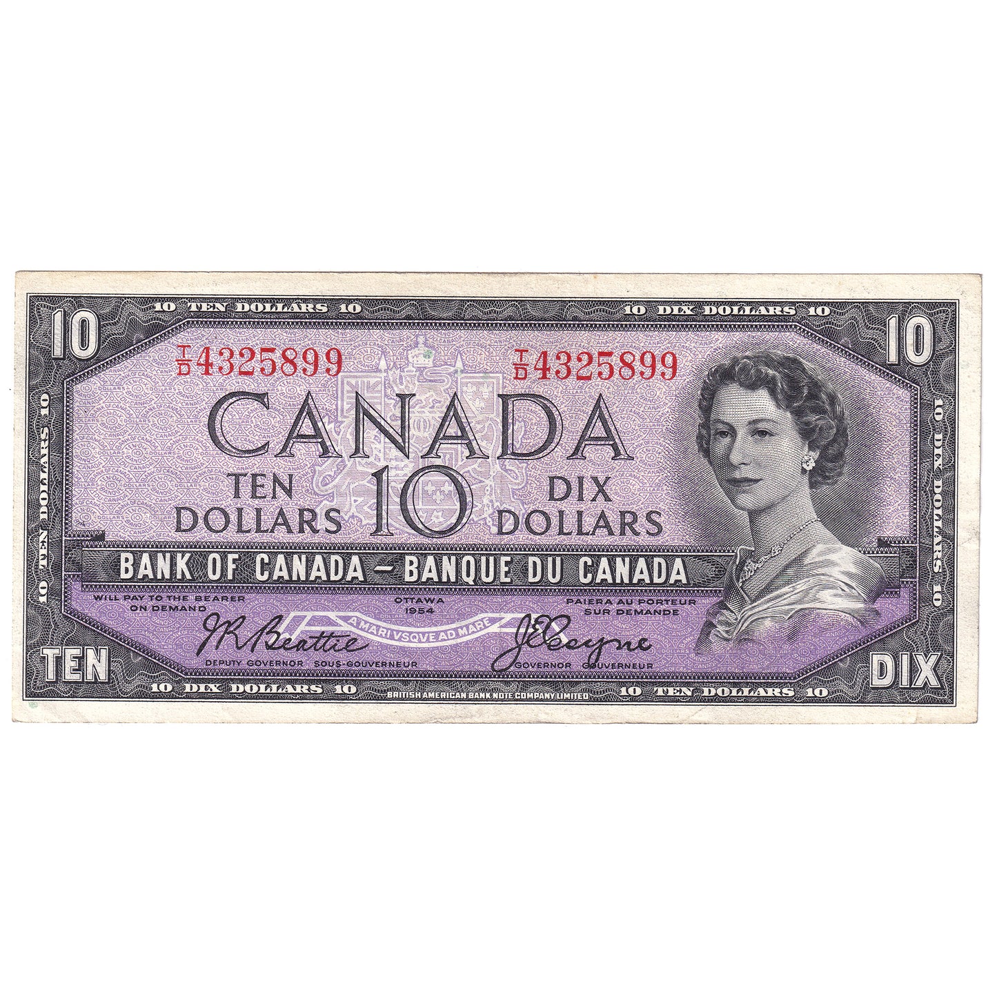BC-40a 1954 Canada $10 Beattie-Coyne, T/D, EF
