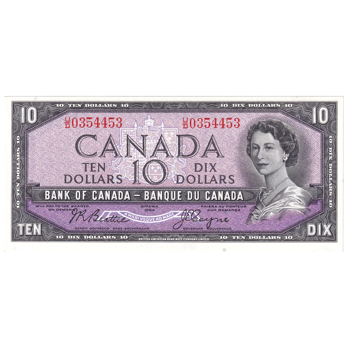 BC-40a 1954 Canada $10 Beattie-Coyne, U/D, Uncirculated (MS60)