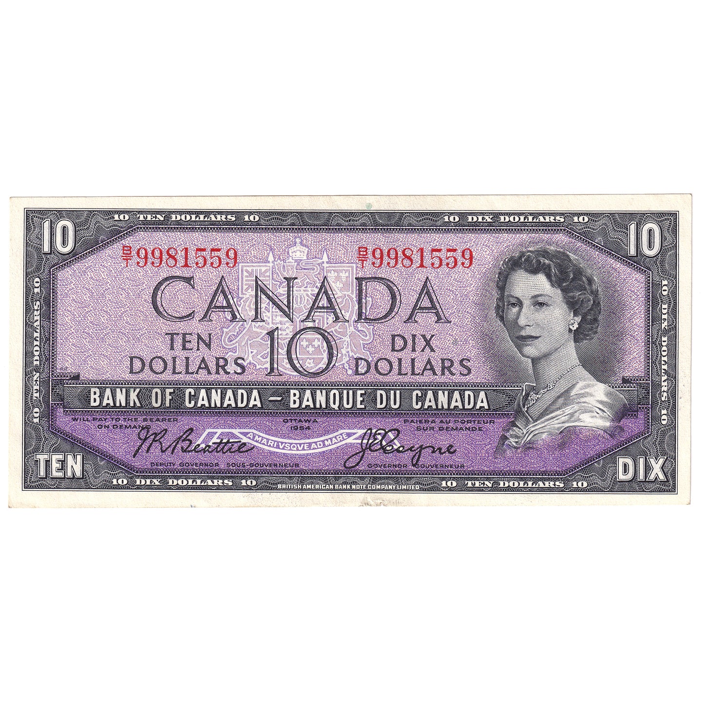 BC-40a 1954 Canada $10 Beattie-Coyne, B/T, Almost Uncirculated (AU50)