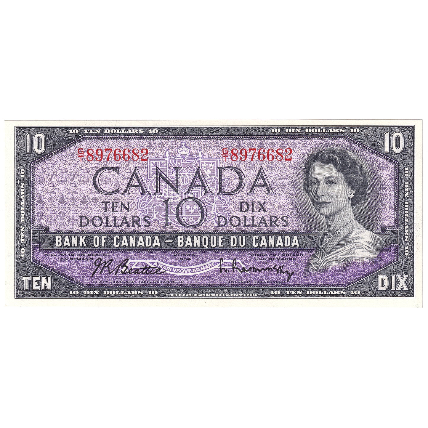 BC-40b 1954 Canada $10 Beattie-Rasminsky, G/T, Uncirculated (MS60)