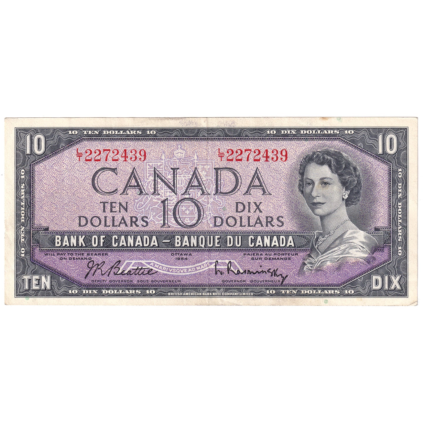 BC-40b 1954 Canada $10 Beattie-Rasminsky, L/T, EF-AU