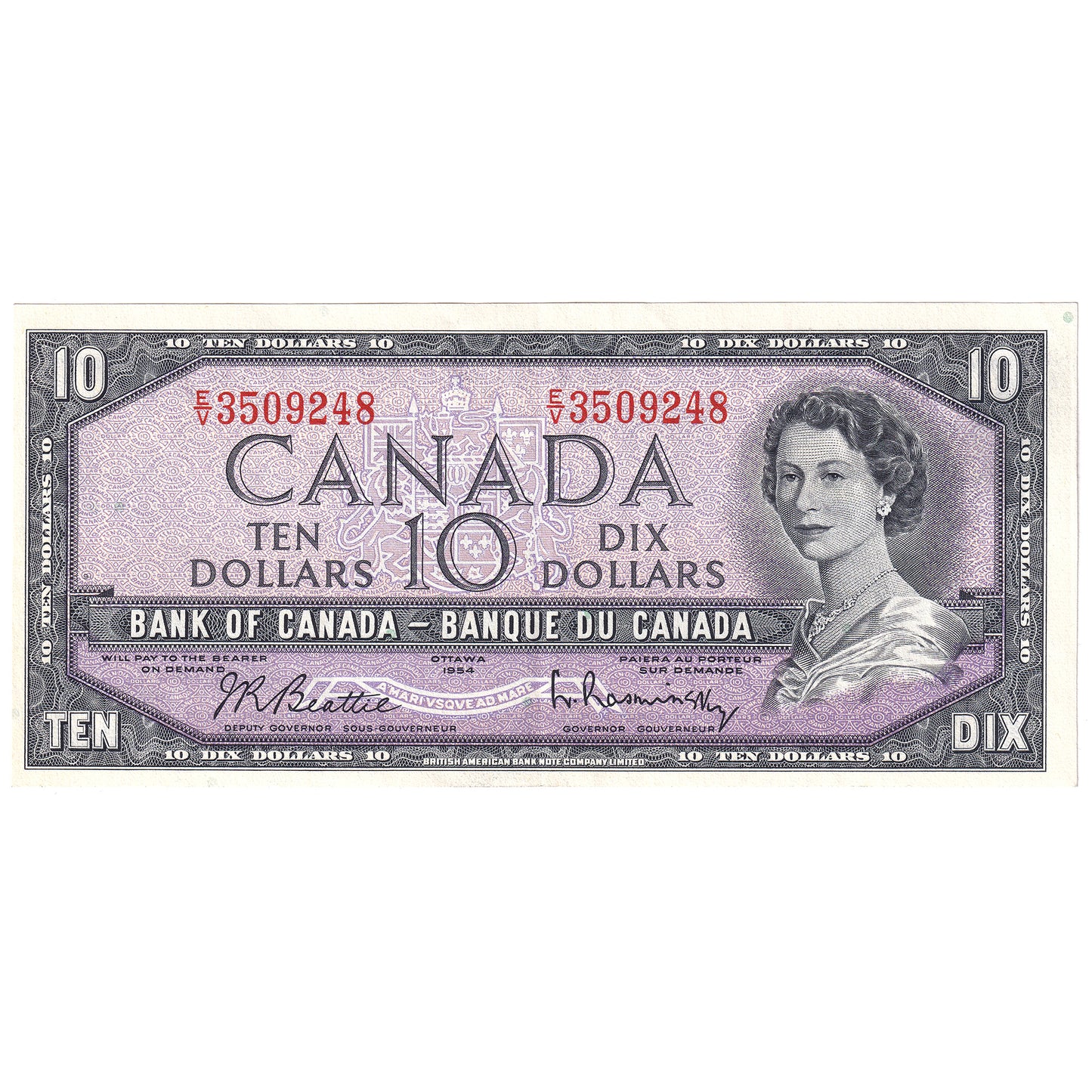 BC-40b 1954 Canada $10 Beattie-Rasminsky, E/V, EF-AU