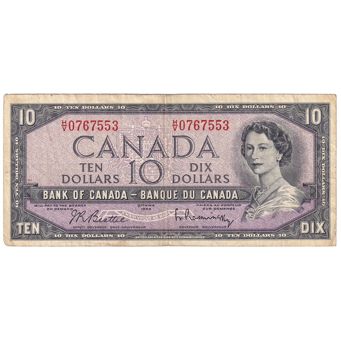 BC-40b 1954 Canada $10 Beattie-Rasminsky, H/V, F