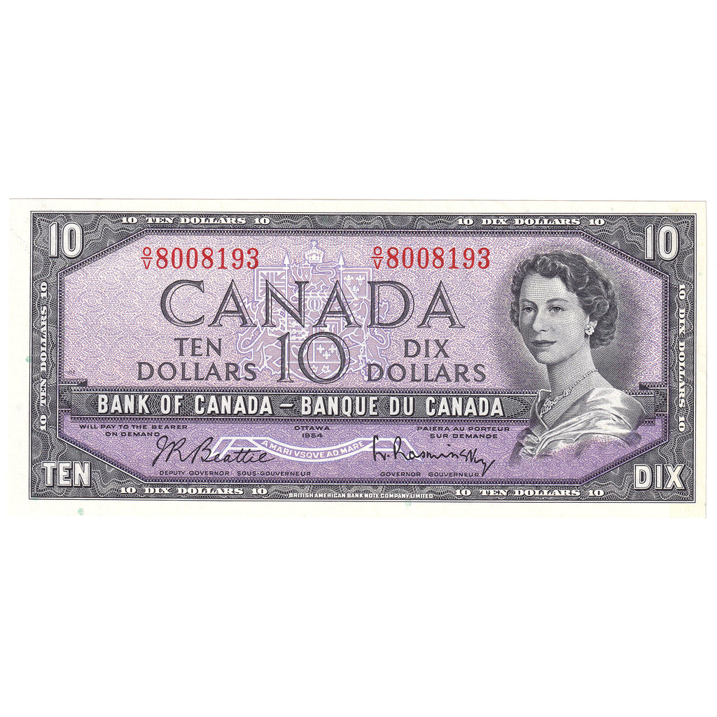 BC-40b 1954 Canada $10 Beattie-Rasminsky, O/V, Uncirculated (MS60)