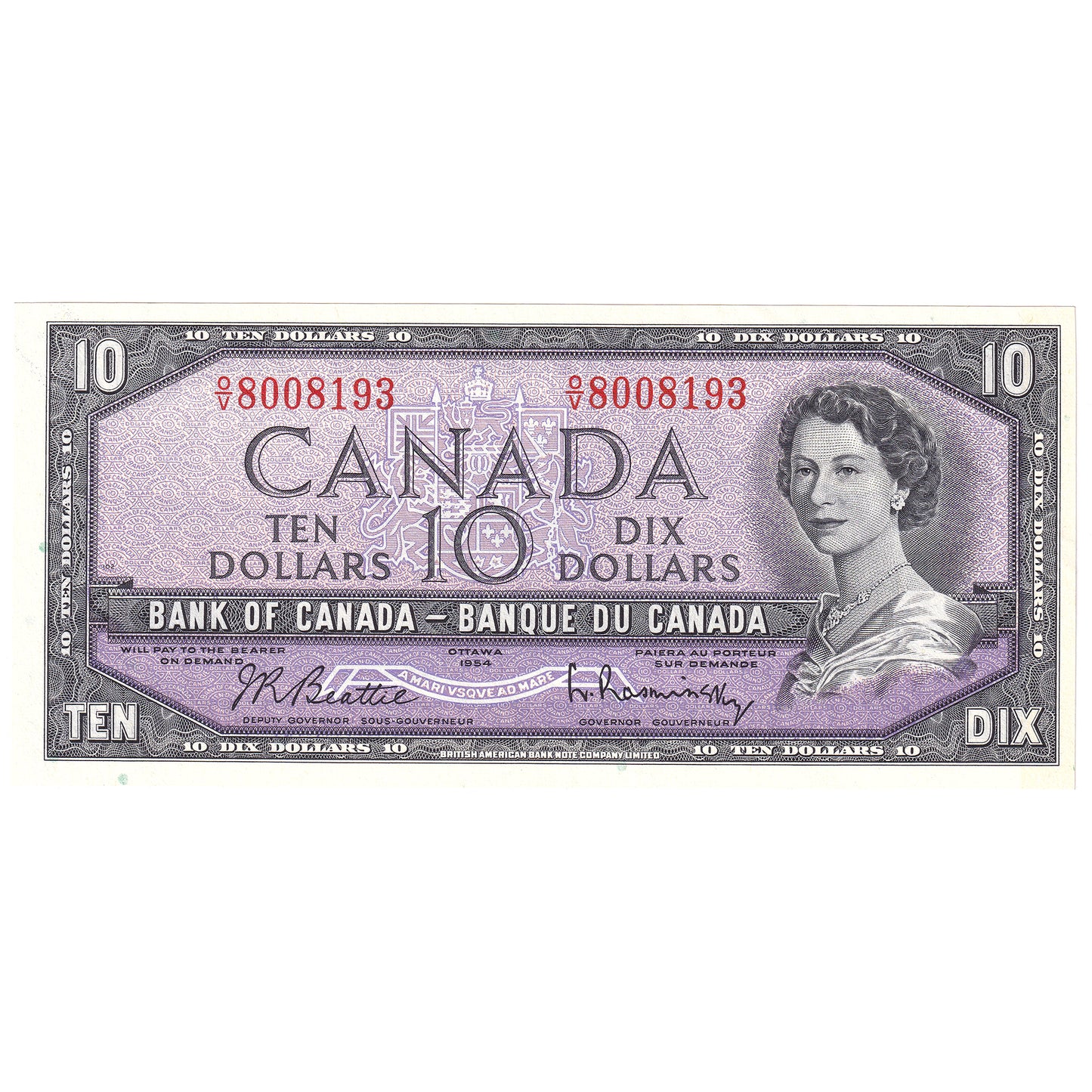 BC-40b 1954 Canada $10 Beattie-Rasminsky, O/V, Uncirculated (MS60)