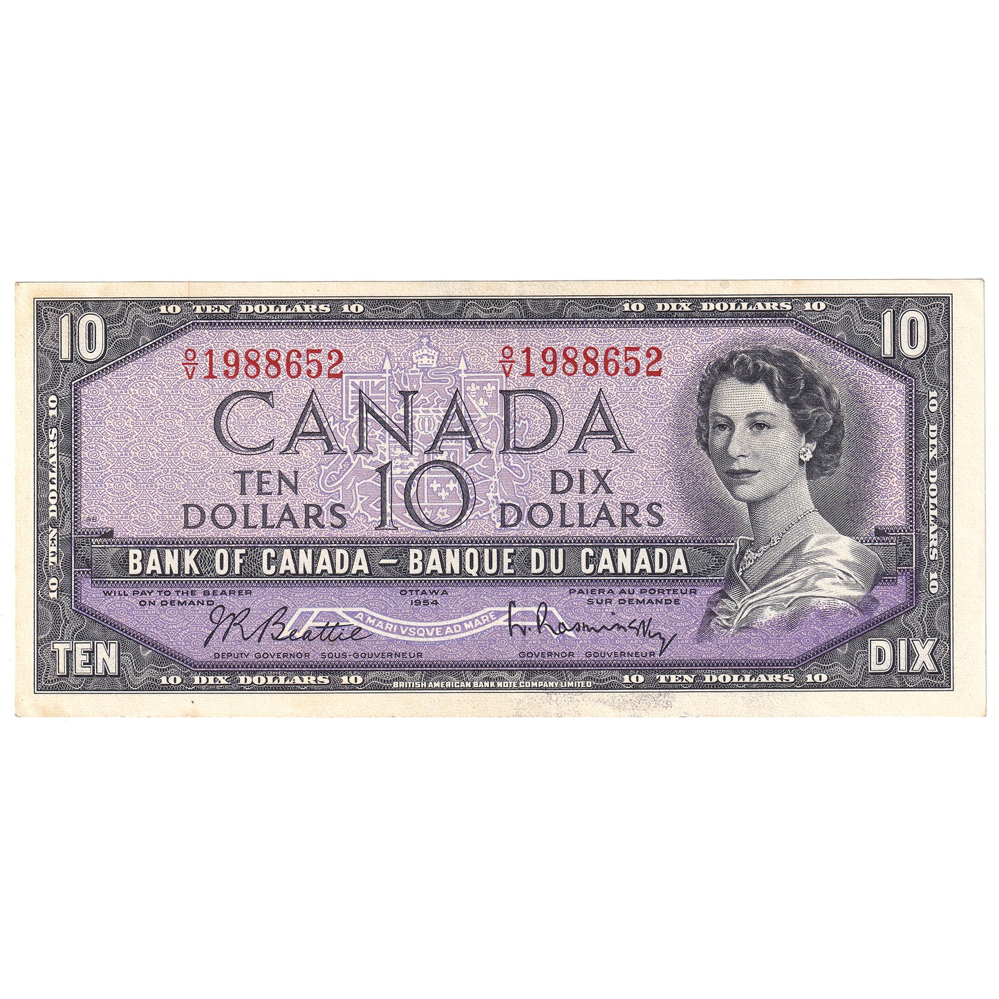 BC-40b 1954 Canada $10 Beattie-Rasminsky, O/V, EF-AU (EF45)
