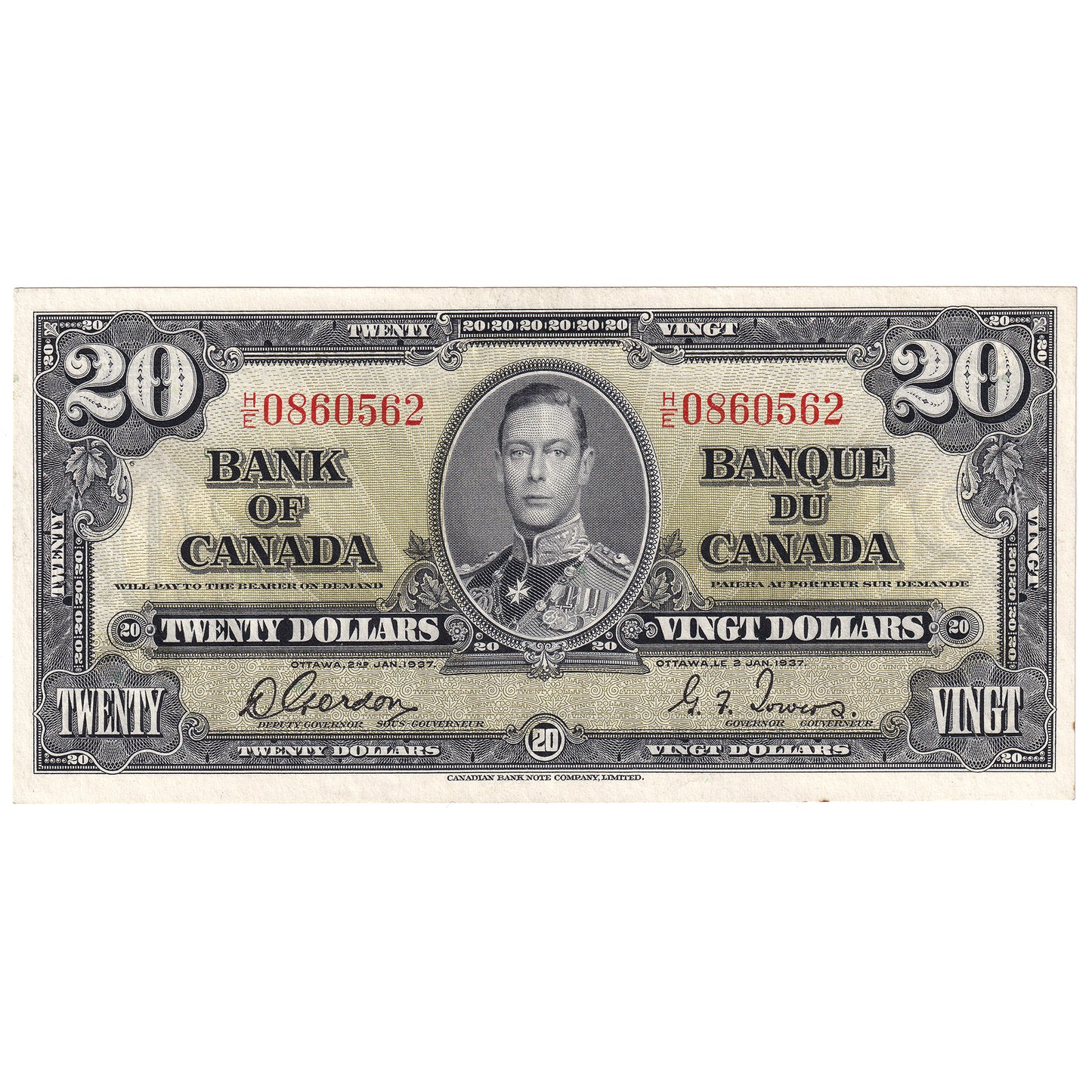 BC-25b 1937 Canada $20 Gordon-Towers, H/E, EF-AU