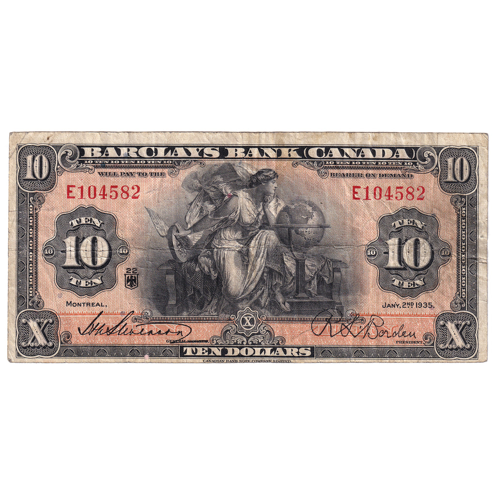 30-12-06 1935 Barclay's Bank Canada $10 Stevenson-Borden, F-VF