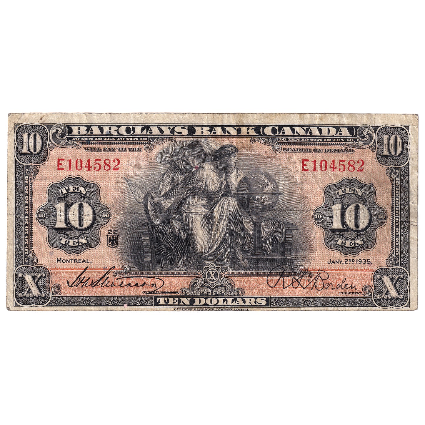 30-12-06 1935 Barclay's Bank Canada $10 Stevenson-Borden, F-VF