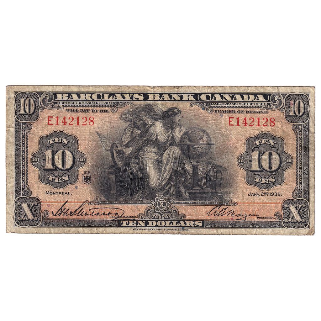 30-12-08 1935 Barclay's Bank Canada $10 Stevenson-Magee, F-VF