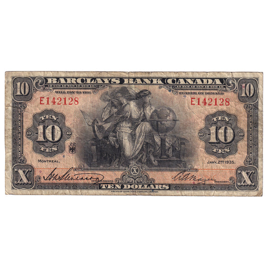 30-12-08 1935 Barclay's Bank Canada $10 Stevenson-Magee, F-VF