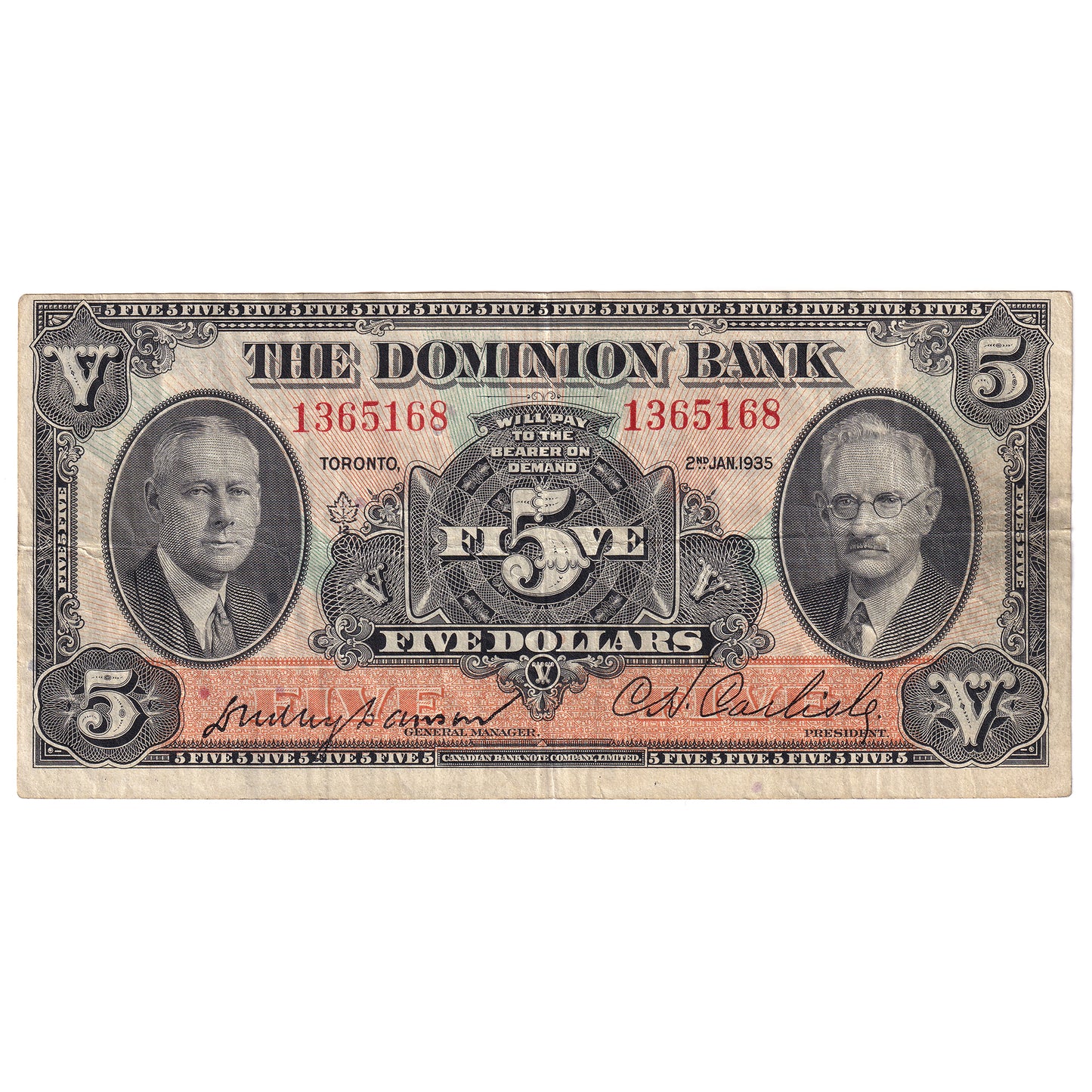 220-26-02 1935 Dominion Bank $5 Dawson-Carlisle, VF