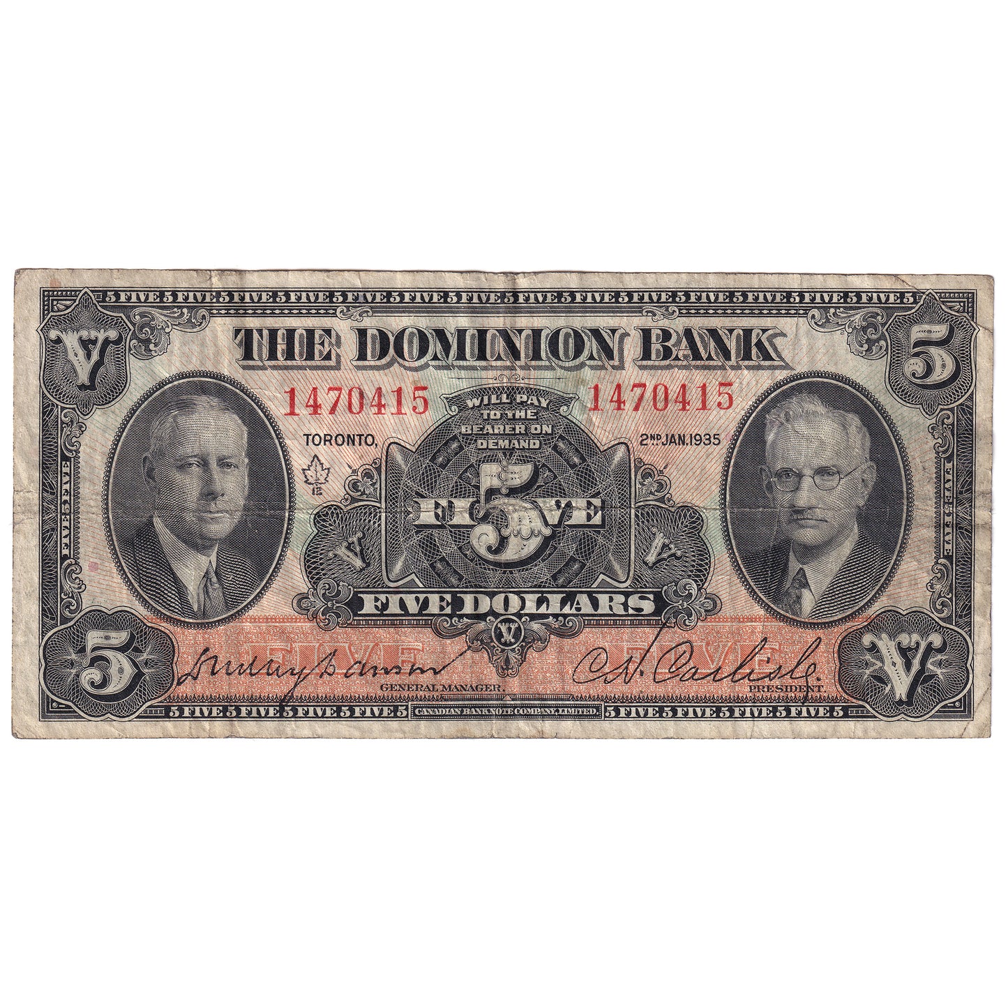 220-26-02 1935 Dominion Bank $5 Dawson-Carlisle, F-VF