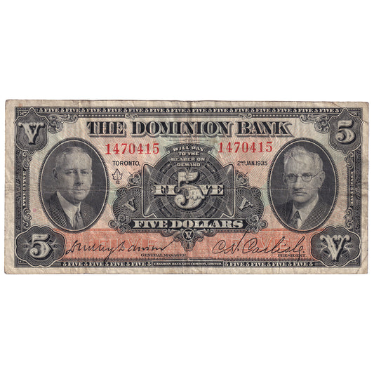 220-26-02 1935 Dominion Bank $5 Dawson-Carlisle, F-VF