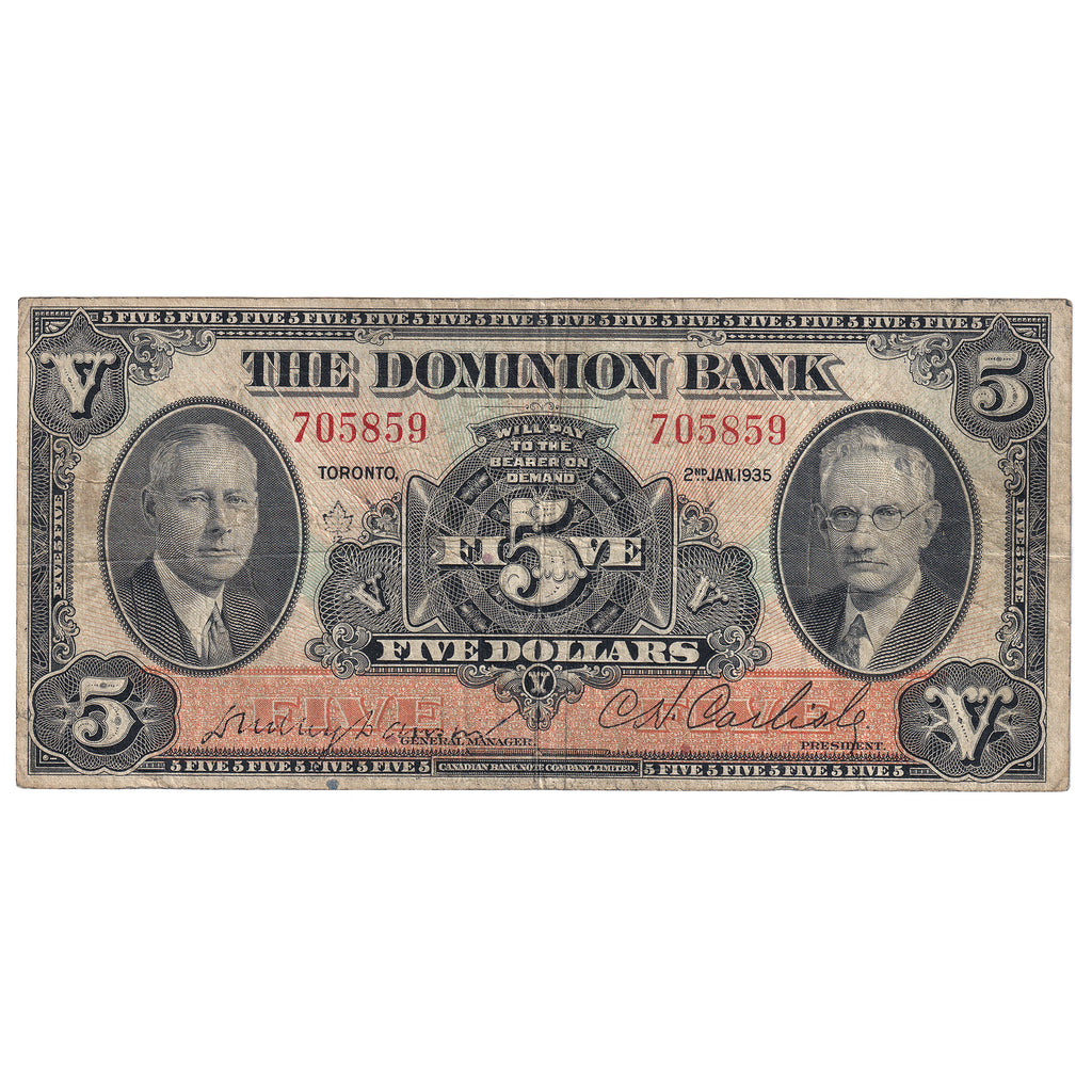 220-26-02 1935 Dominion Bank $5 Dawson-Carlisle, Fine (F12)