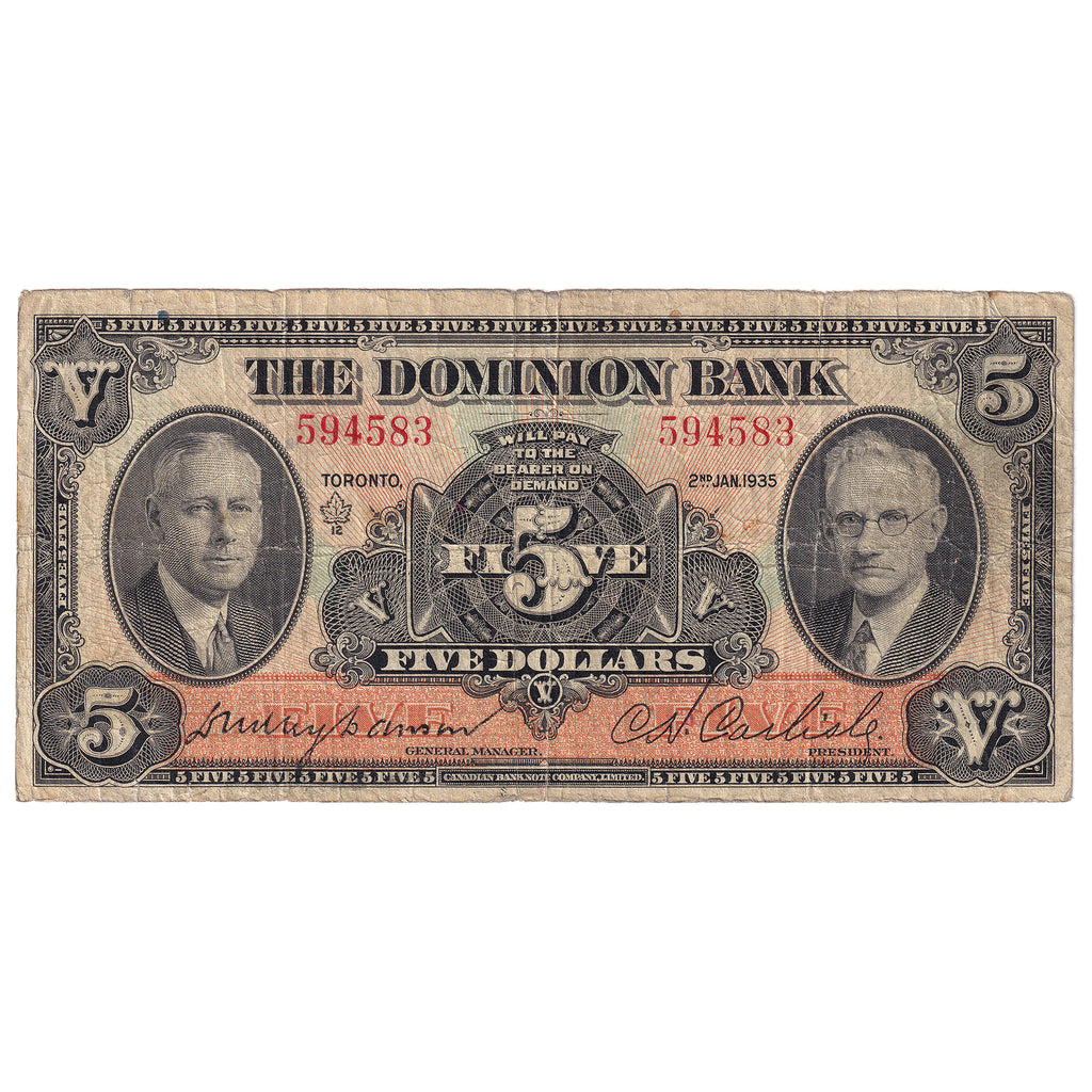 220-26-02 1935 Dominion Bank $5 Dawson-Carlisle, VG