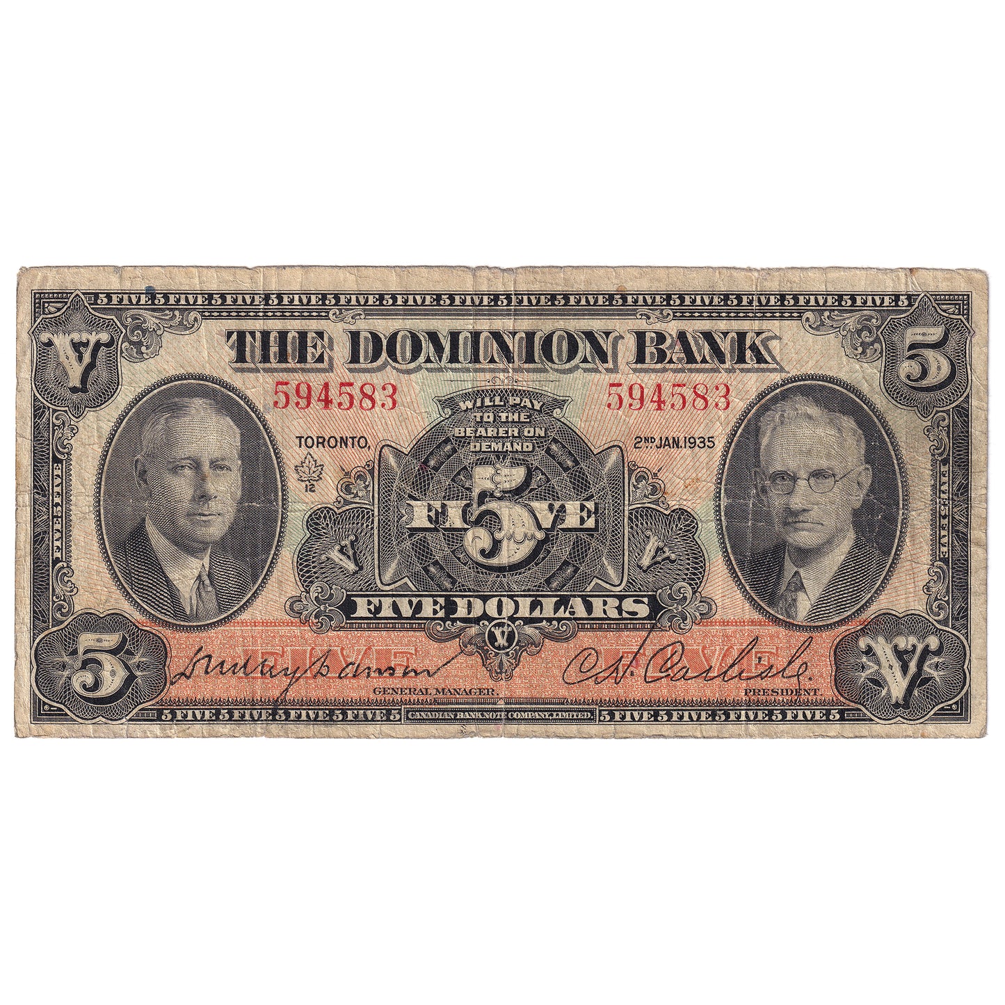 220-26-02 1935 Dominion Bank $5 Dawson-Carlisle, VG