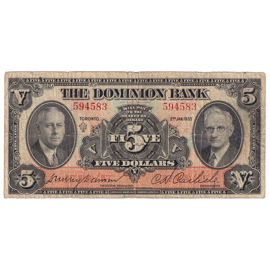 220-26-02 1935 Dominion Bank $5 Dawson-Carlisle, VG