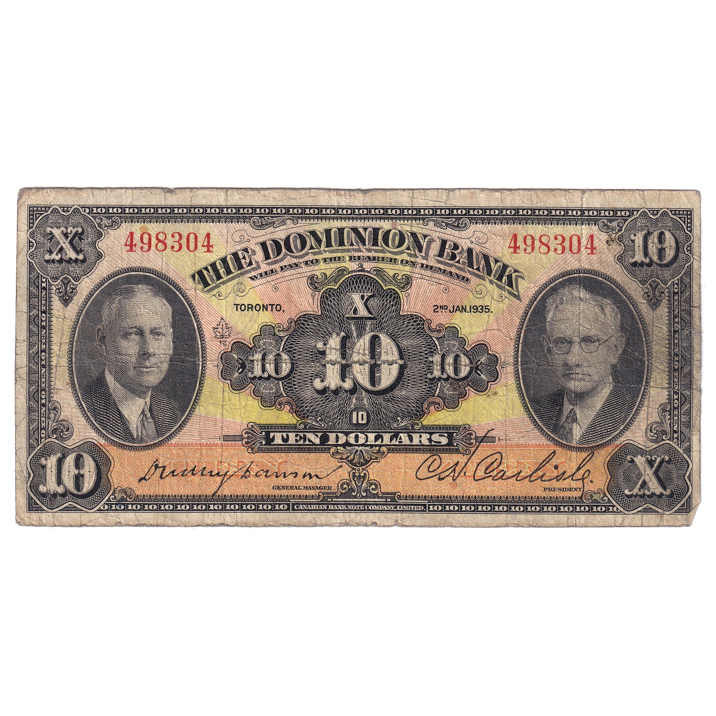 220-26-04 1935 Dominion Bank $10 Dawson-Carlisle, Very Good (VG8)