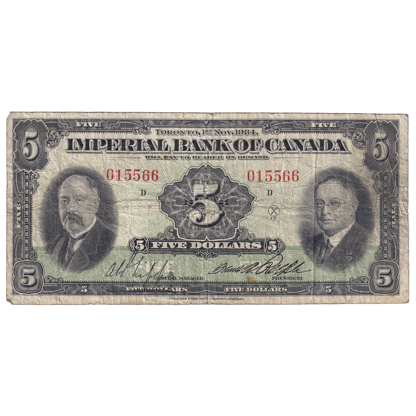 375-22-02 1934 Imperial Bank $5 Phipps-Rolph, VG-F (VG10)