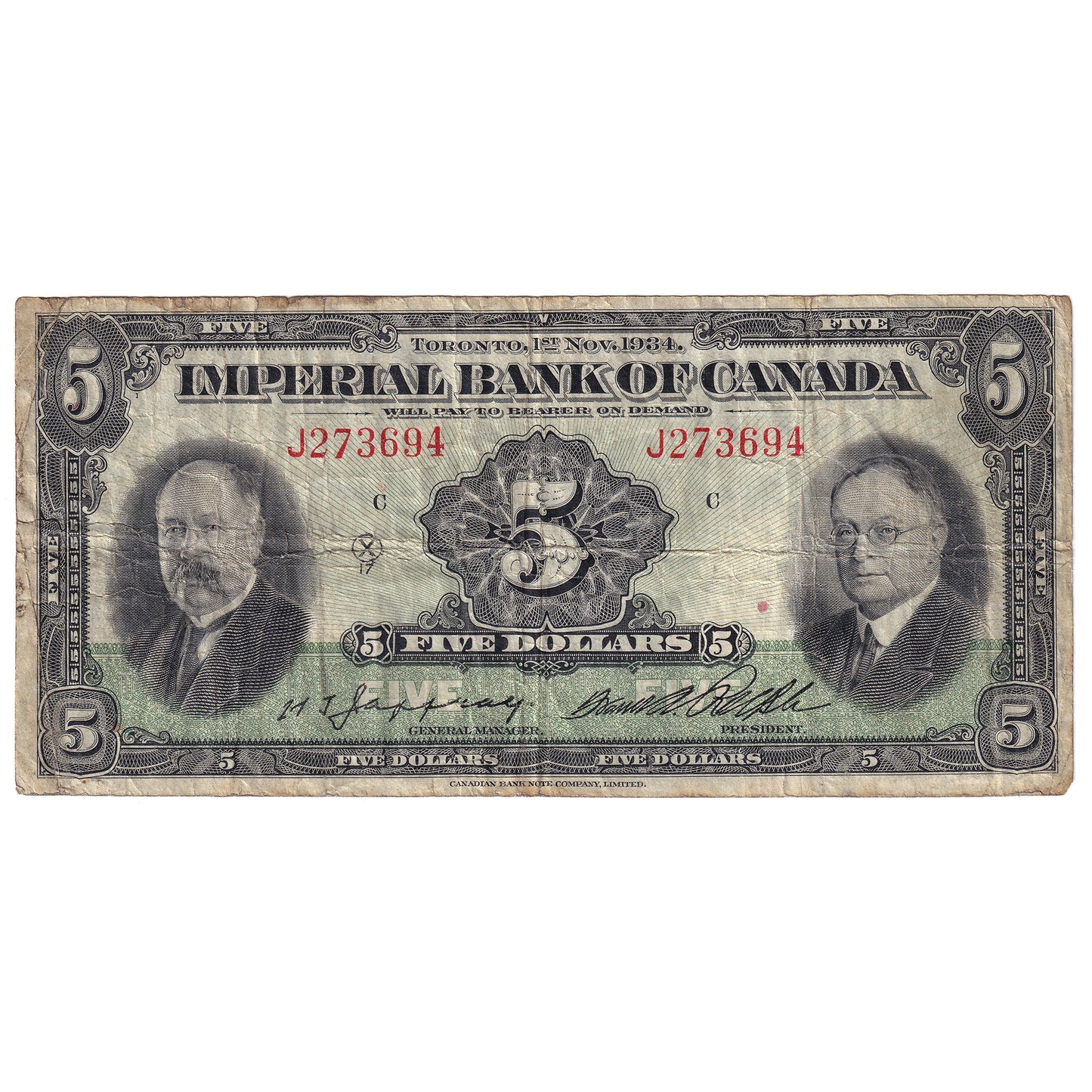 375-22-04 1934 Imperial Bank $5 Jaffray-Rolph, F-VF