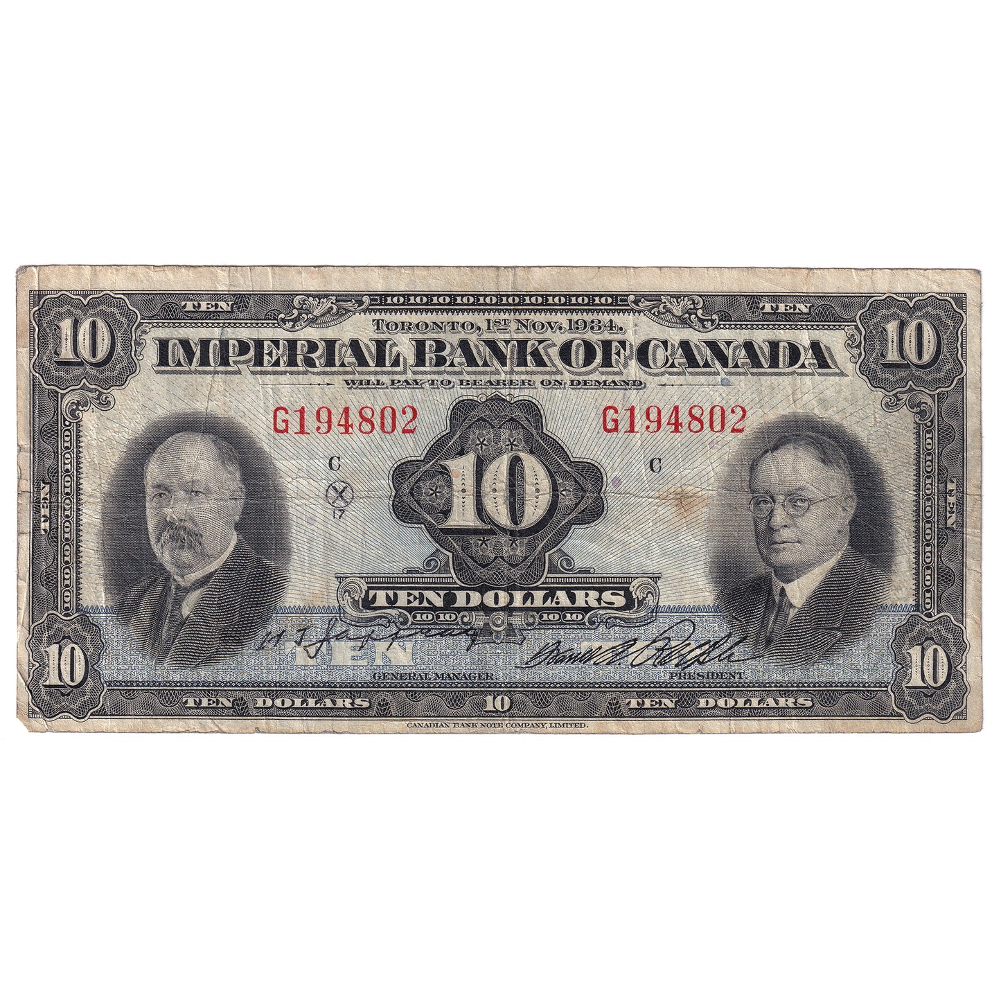 375-22-08 1934 Imperial Bank $10 Jaffray-Rolph, F-VF