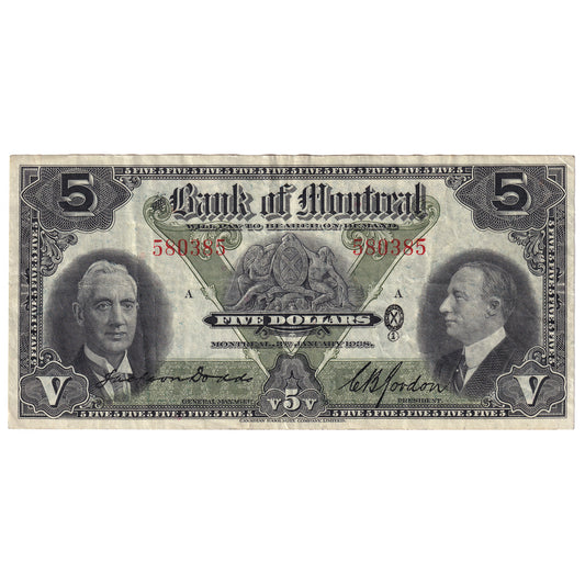 505-62-02 1938 Bank of Montreal $5 Dodds-Gordon, VF-EF