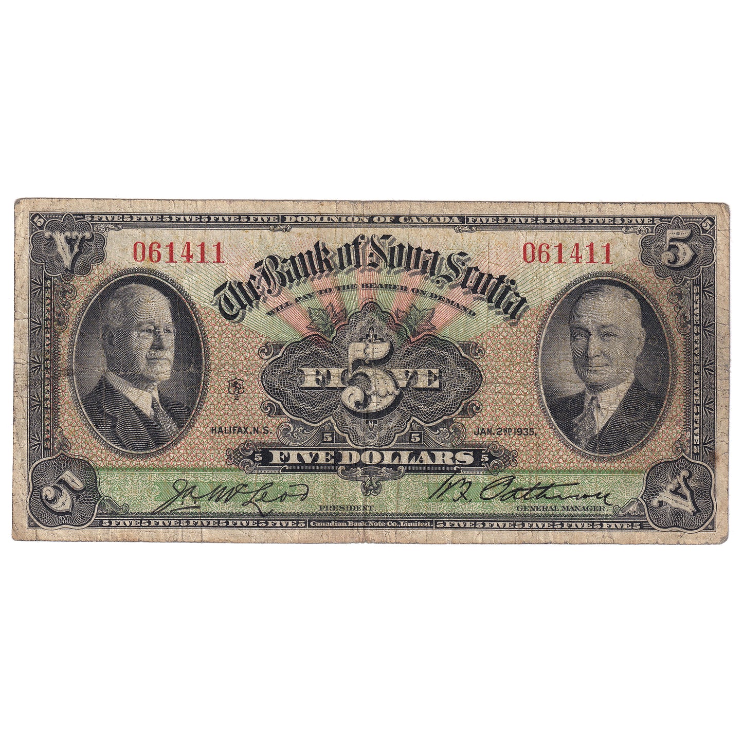 550-36-02 1935 Bank of Nova Scotia $5 McLeod-Patterson, Very Good (VG8)