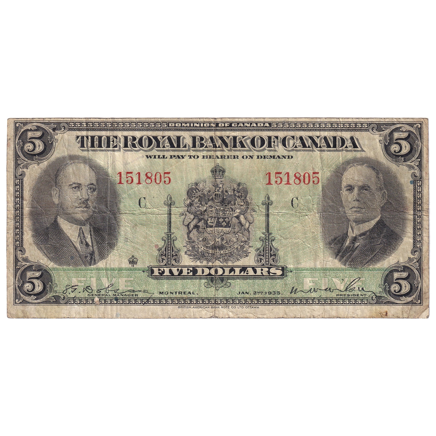 630-18-02 1935 Royal Bank $5 Dobson-Wilson, Small Signatures, F-VF