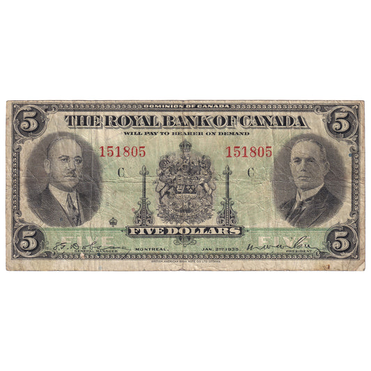 630-18-02 1935 Royal Bank $5 Dobson-Wilson, Small Signatures, F-VF