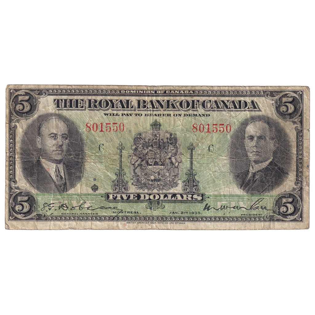 630-18-02a 1935 Royal Bank $5 Dobson-Wilson, Large Signatures, VG-F (VG10)