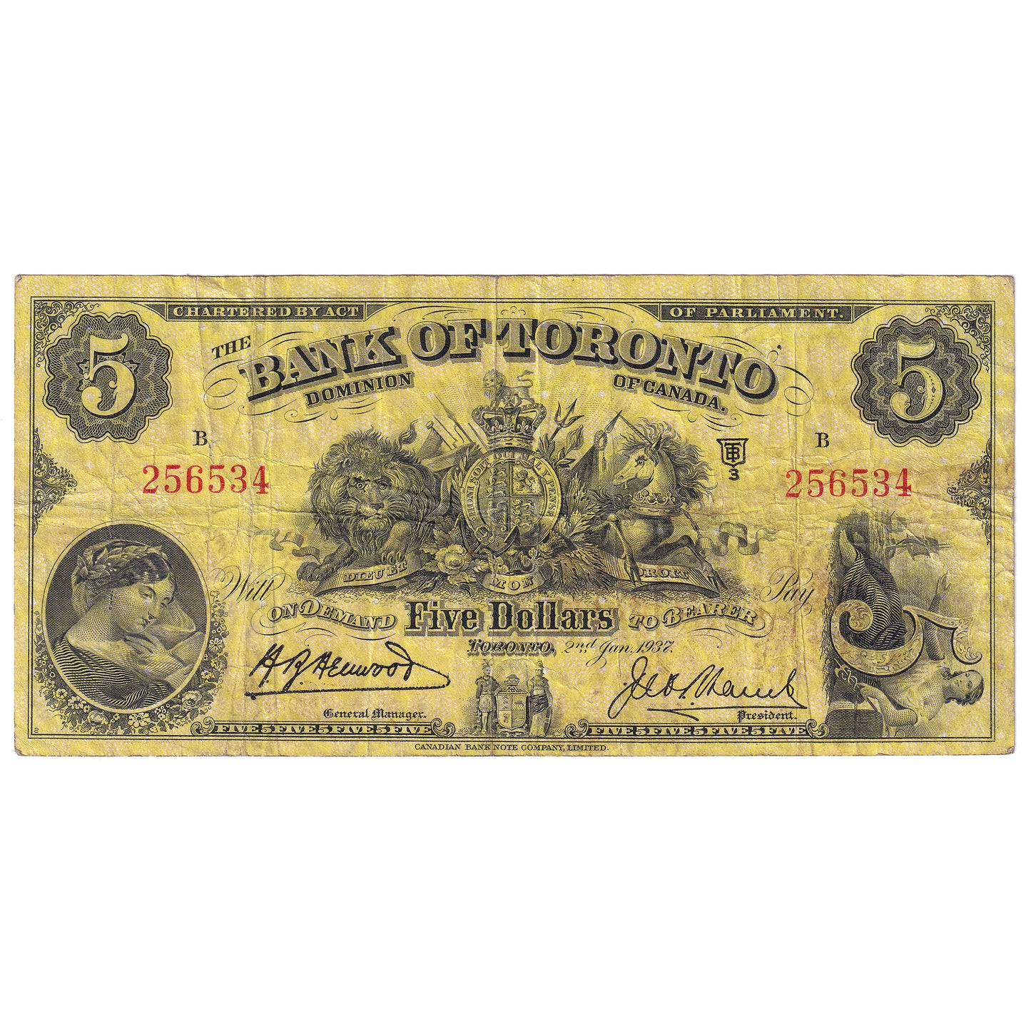 715-24-04 1937 Bank of Toronto $5 Henwood-Lamb, VF