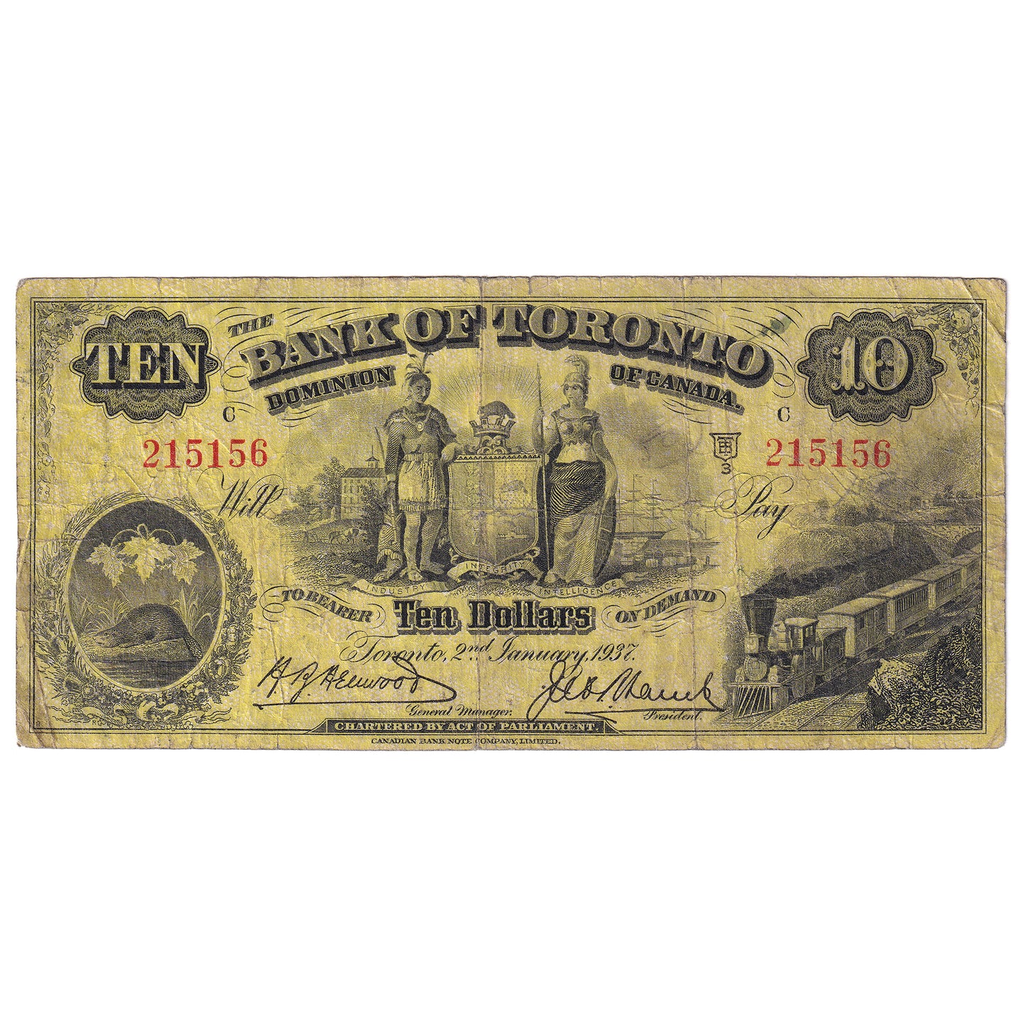 715-24-10 1937 Bank of Toronto $10 Henwood-Lamb, Very Good (VG8)