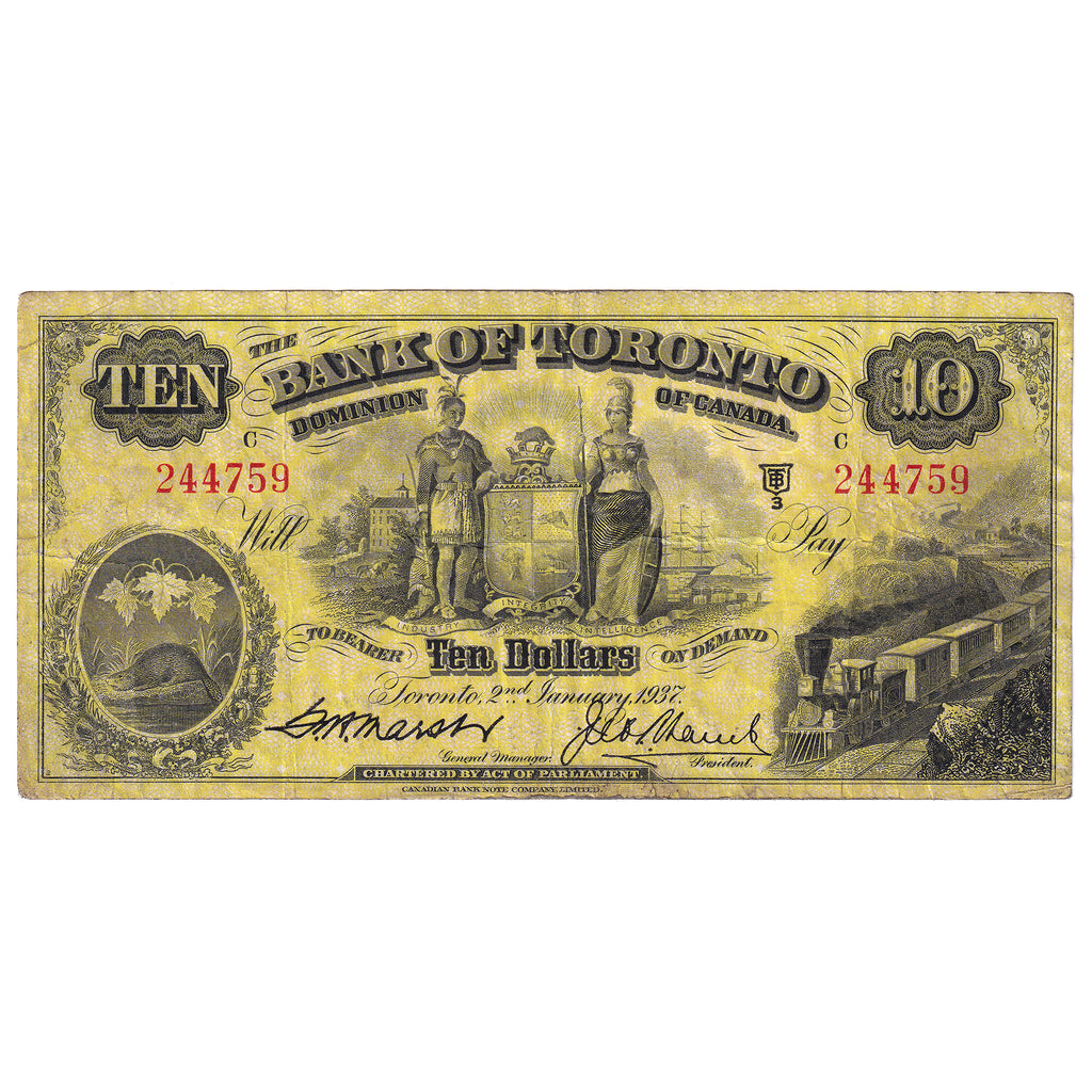 715-24-12 1937 Bank of Toronto $10 Marsh-Lamb, Very Fine (VF20)