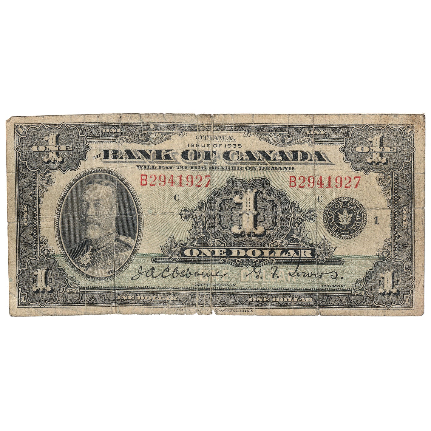 BC-1 1935 Canada $1 Osborne-Towers, English, Series B, Circ