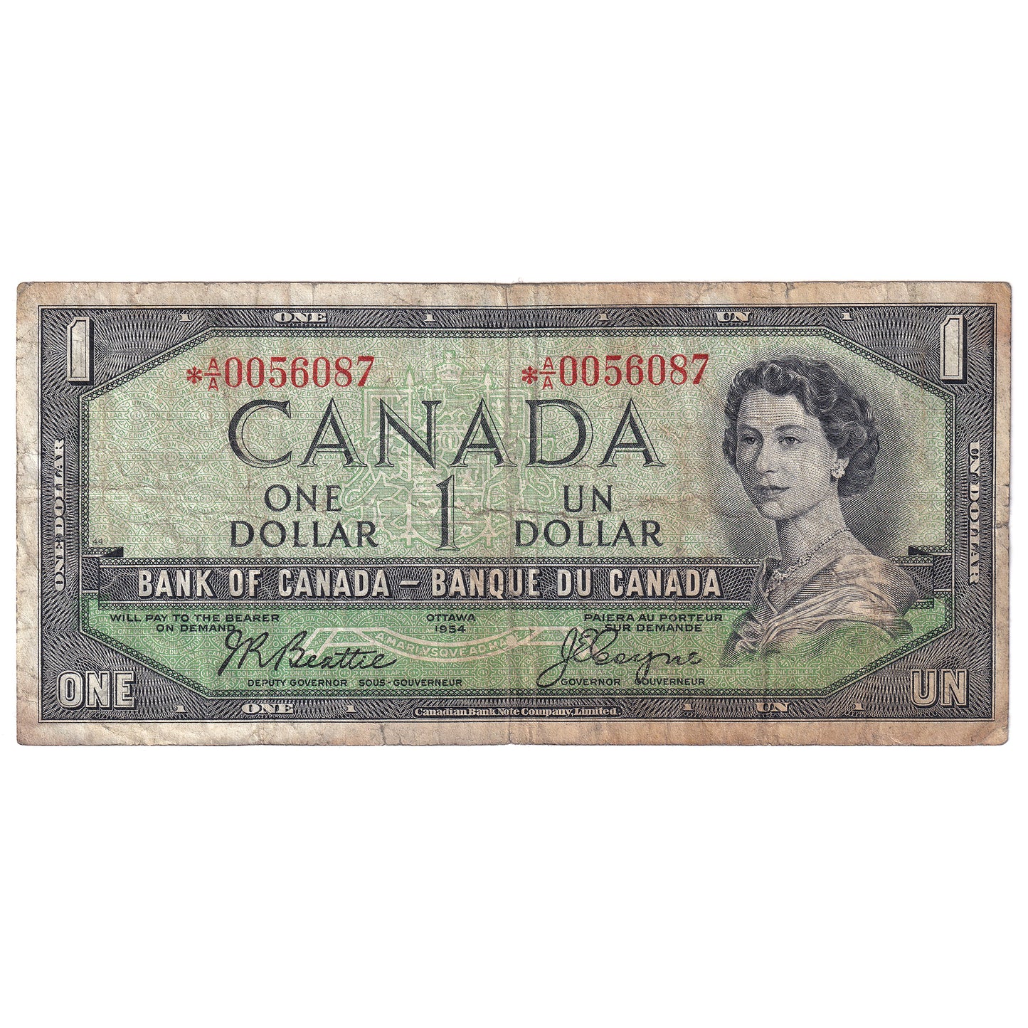 BC-37aA 1954 Canada $1 Beattie-Coyne, *A/A, Circ
