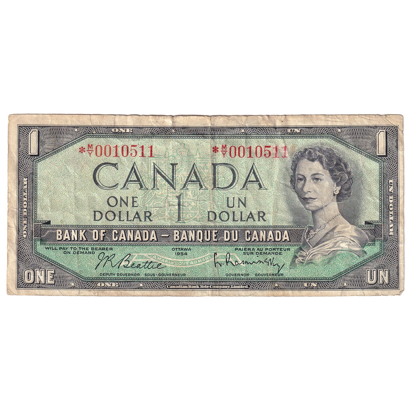 BC-37bA 1954 Canada $1 Beattie-Rasminsky, *M/Y, Circ