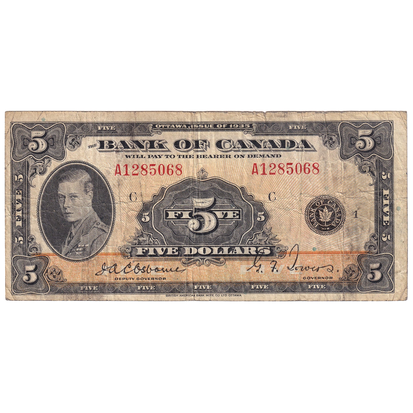 BC-5 1935 Canada $5 Osborne-Towers, English, Fine (F12)