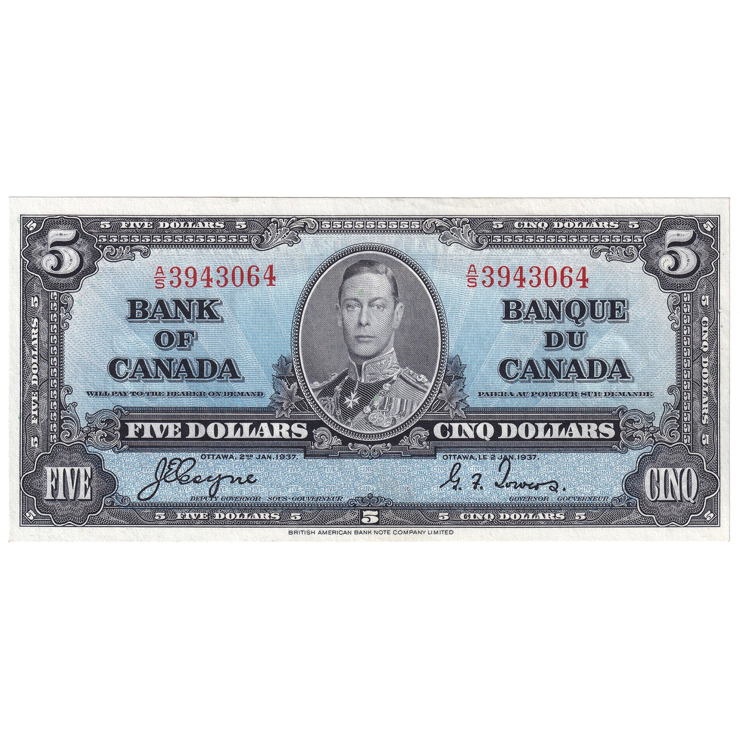 BC-23c 1937 Canada $5 Coyne-Towers, A/S, AU-UNC