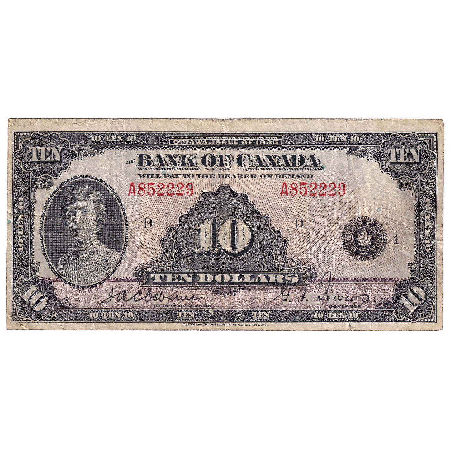 BC-7 1935 Canada $10 Osborne-Towers, English, F