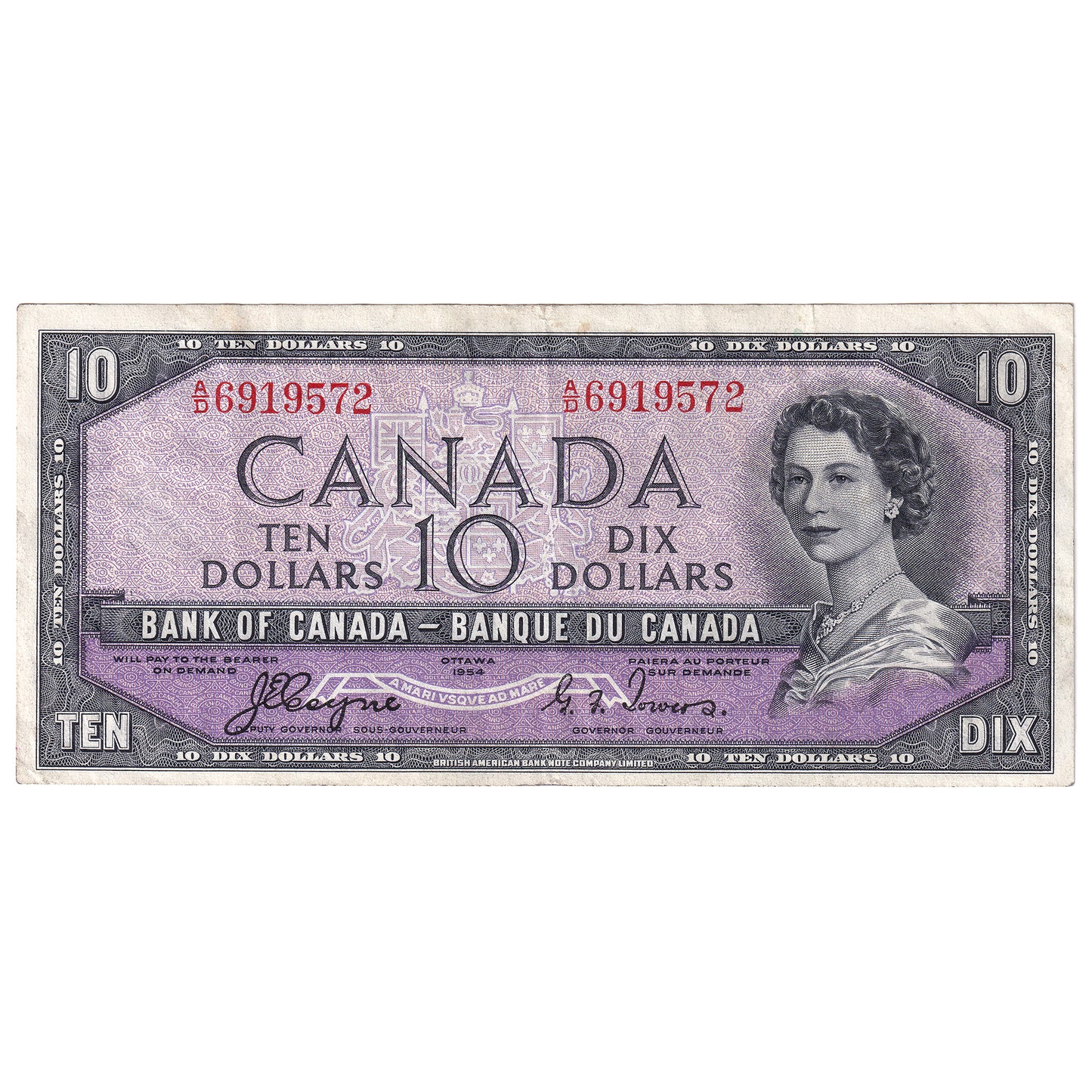 BC-32a 1954 Canada $10 Coyne-Towers, Devil's Face, A/D, Extra Fine (EF40)